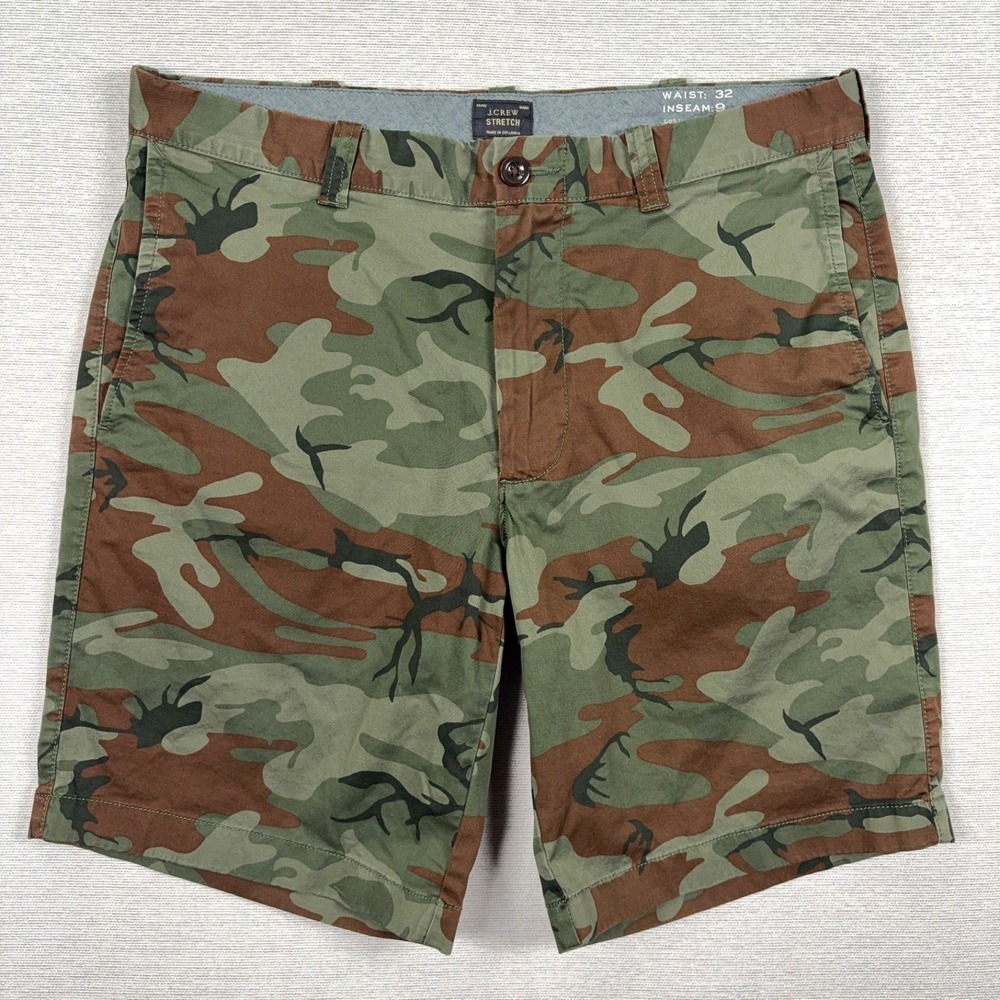 J Crew Stretch 9" Shorts Mens Size 32 Green Brown Camouflage Cotton Elastane